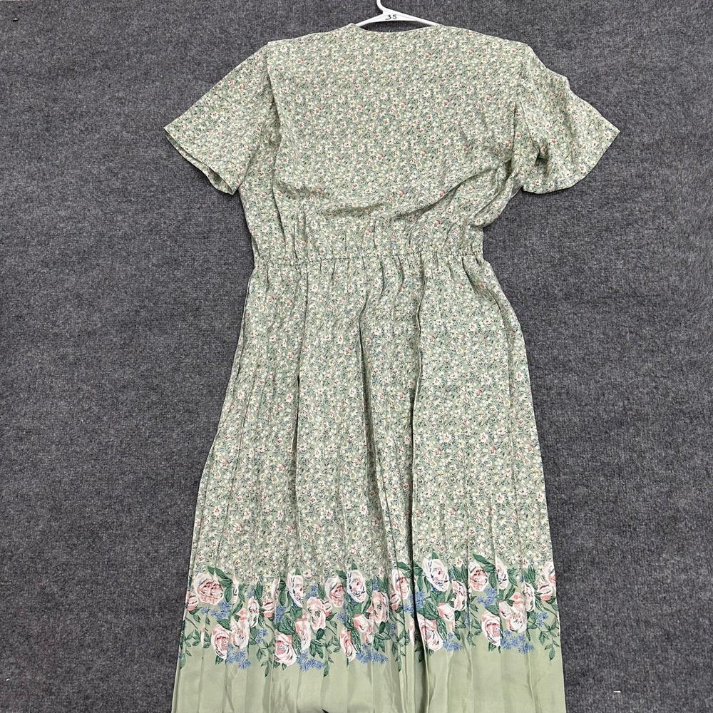 Leslie Fay Dress Womens Size S Petite Green Floral Pleated Elastic Waist Midi